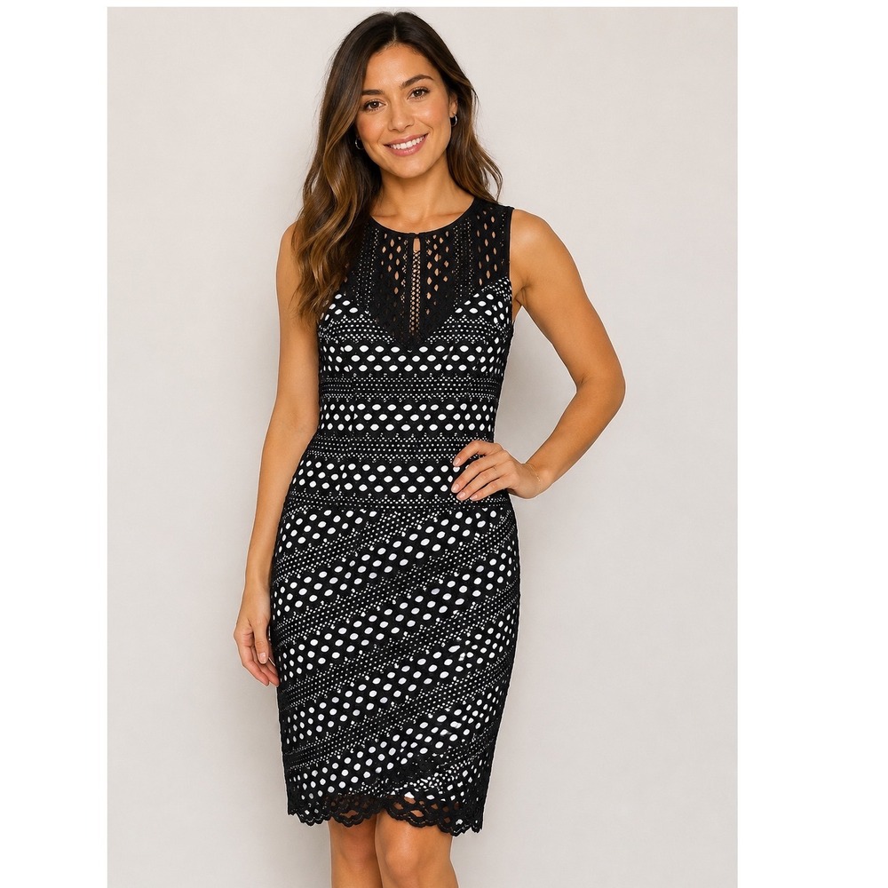 Guess Size 4 Black White Lace Overlay Geometric Sheath Dress LBD Date Vacation